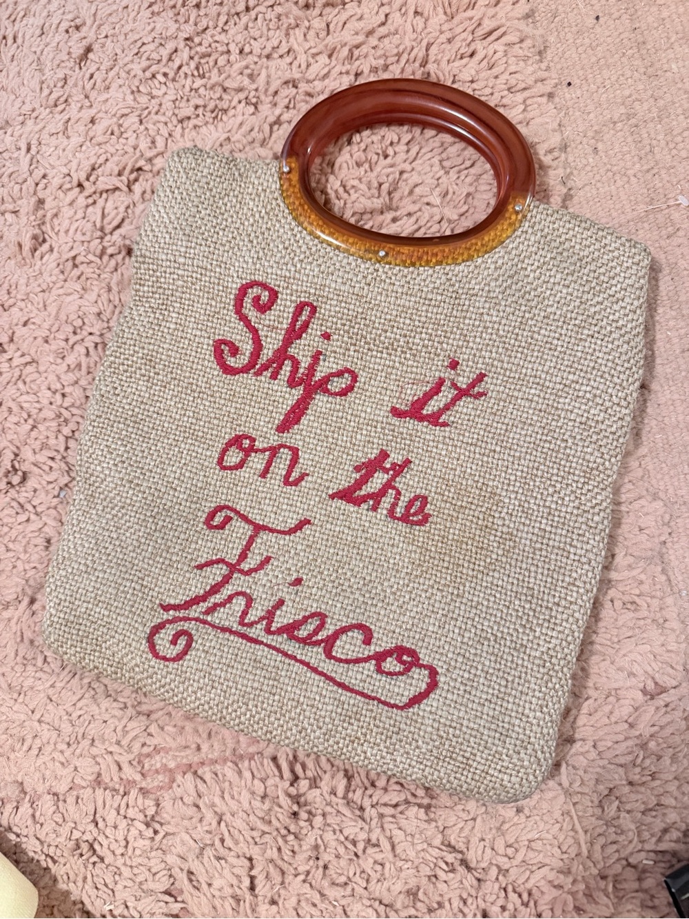Vintage Beige Woven Tote with red Script and Amber Handles